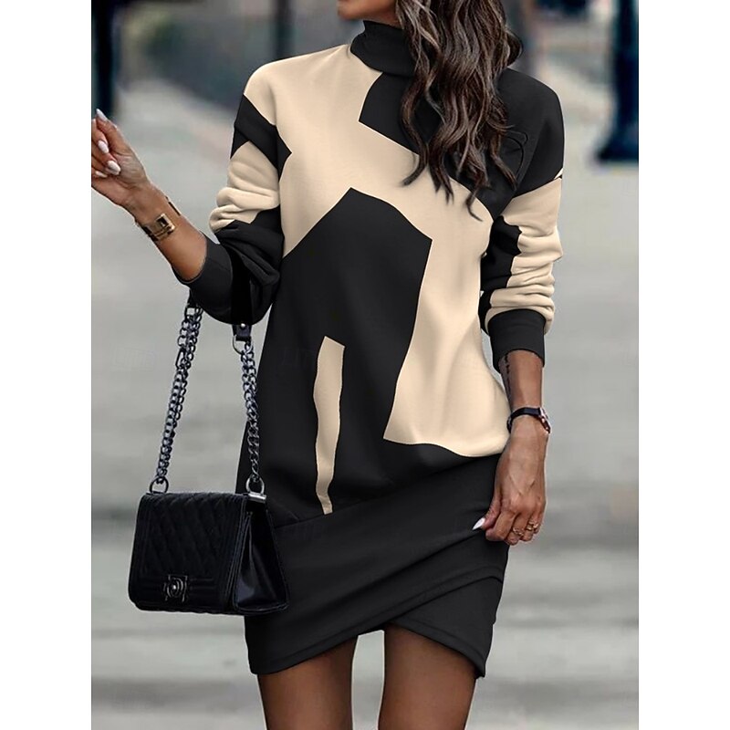 Women's Mini Dress Sheath Dress Casual Daily Regular Fit Floral Striped Long Sleeve High Neck Black White Yellow Apricot Spring Fall Winter3