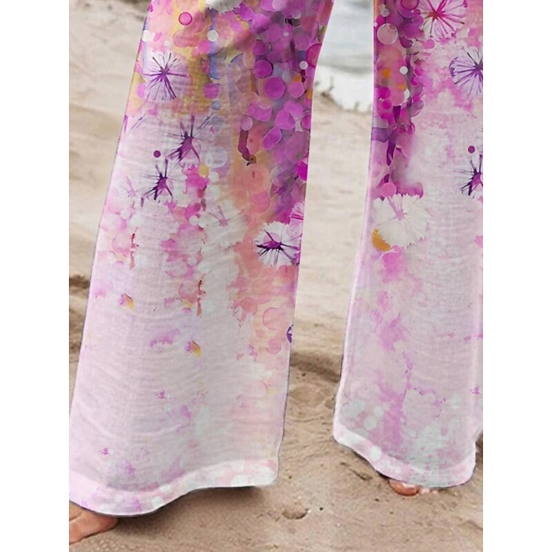 Women's Wide Leg Pants Trousers Vacation Casual Long High Waist Floral Elastic Waist Printing High Cut Breathability Soft Micro-elastic Vacation Street Daily Wear Pink Spring Fall Regular Fit3