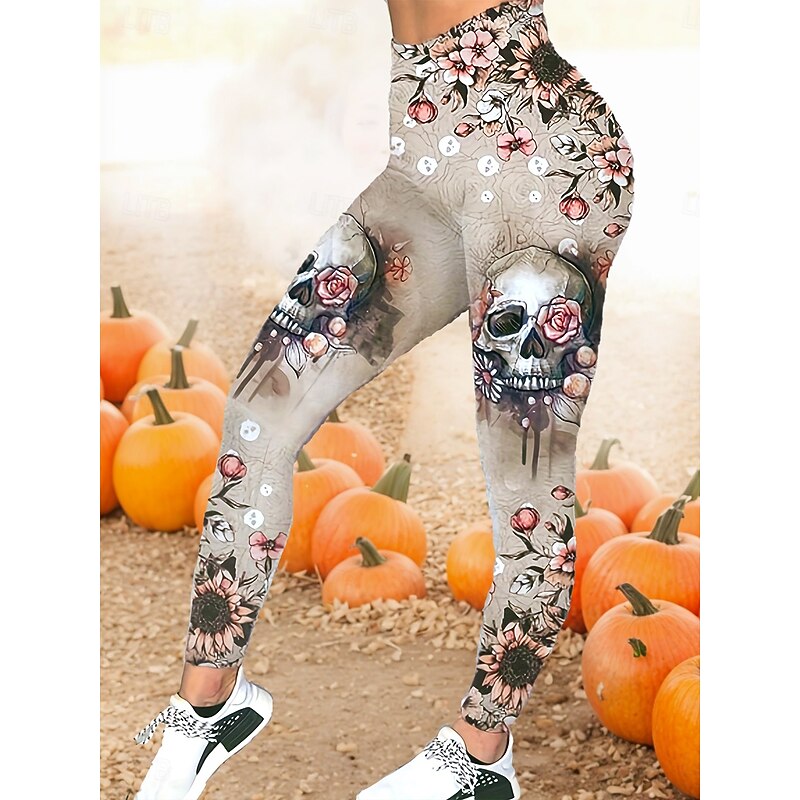 Women's Leggings Fashion Casual Full Length High WaistPantsHalloween Graphic Skull Halloween Printing Thermal Warm Soft Breathable Stretchy Street Daily Khaki Spring Fall Skinny