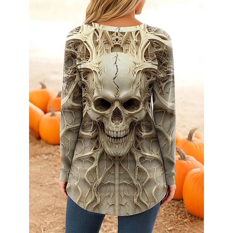Halloween Women's T Shirt Skulls Graphic Vintage Stylish Classic Long Sleeve Crew Neck Long Tops Daily Print White Blue Purple Green Khaki Spring Fall2