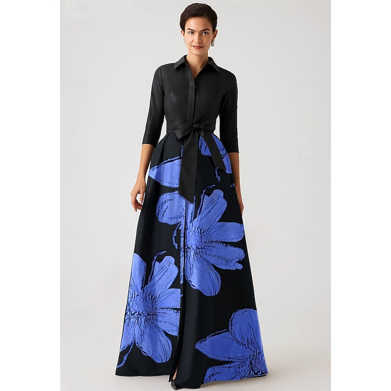 A-Line Mother of the Bride Evening Gown Elegant Dress Formal Wedding Floor Length Half Sleeve Shirt Collar Pocket Nylon with Floral Print Bow(s)