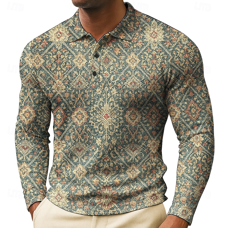 Men's Graphic Waffle Polo Shirts Long Sleeve Polo Shirts Collared Shirts Casual Daily Wear Buttons Spring Fall Winter Blue Brown Green4