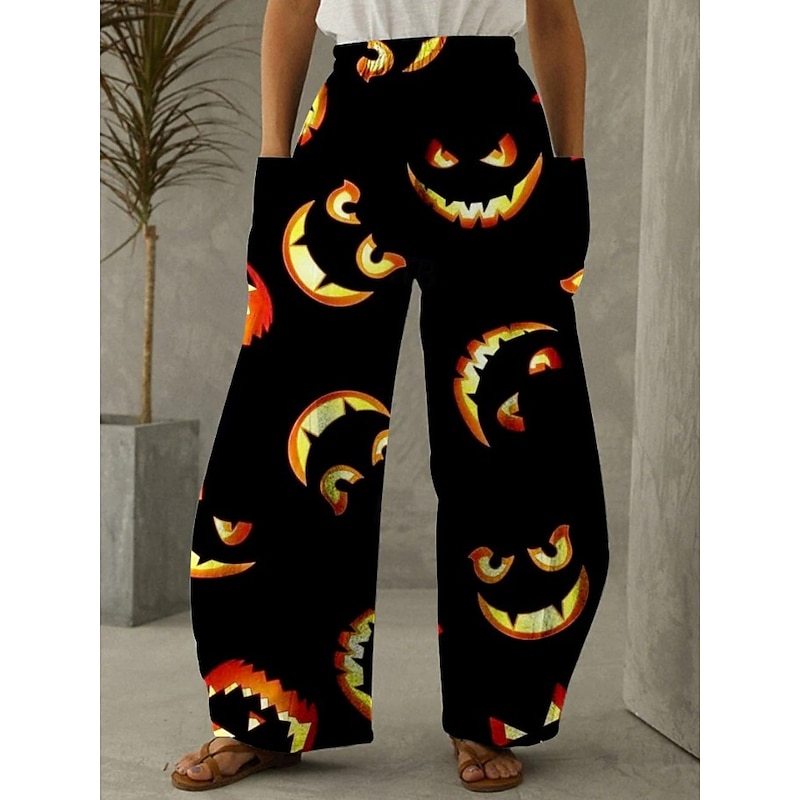 Women's Wide Leg Chinos Vacation Vintage Ethnic Style Full Length Mid WaistPantsHalloween Pumpkin Halloween Comfy Inelastic Vacation Street Causal Violet Black Yellow Orange Spring Fall Winter2