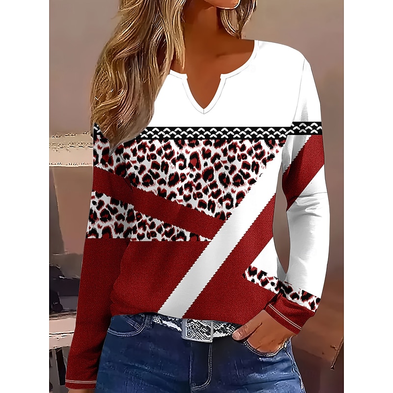 Women's T Shirt Graphic Leopard Geometric Vintage Stylish Classic Long Sleeve Notched Neck Regular Tops Daily Weekend Print Red Blue Purple Green Khaki Spring Fall Winter