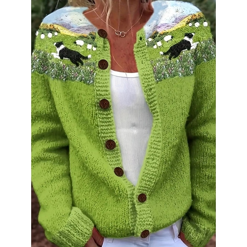 Women's Cardigan Sweater Knitted Ribbed Button Front Round Neck Long Sleeve Lightweight female Daily Animal Crew Neck V Neck Buttons Print Long Tops Knit Outdoor Weekend Green Fall Winter