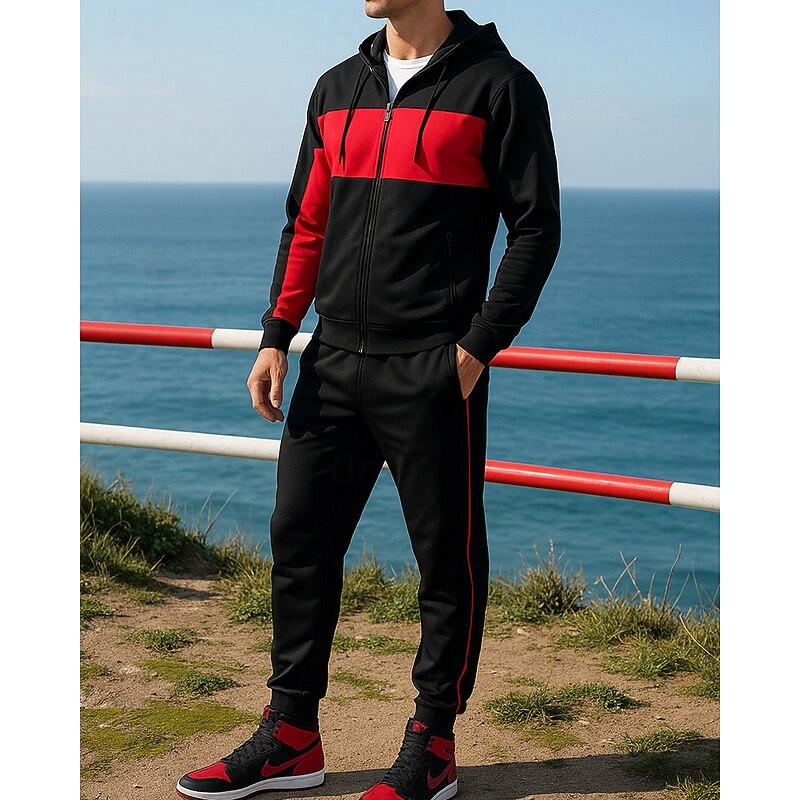 Men's Tracksuit Jogging Suit Sweatsuit Sets Hooded Color Block Clothing Suit Fall Black Dark Blue Outdoor Travel Sports High Waist Windbreaker Long Sleeve Sport Activewear Micro-elastic Regular Fit3