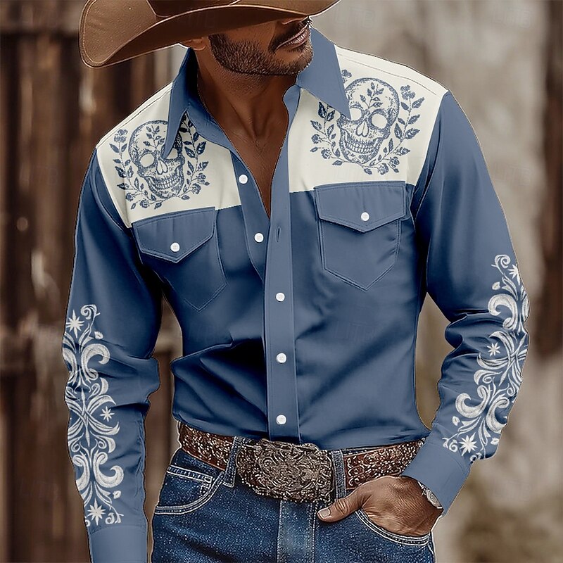 Men's Skull Floral Print Flowers Shirt Western Shirt Cowboy Shirt Long Sleeve Vintage Retro Outdoor Casual WorkWear Spring Fall Turndown Front Two Pockets Linen Like Shirt Button Up Shirts Blue 13