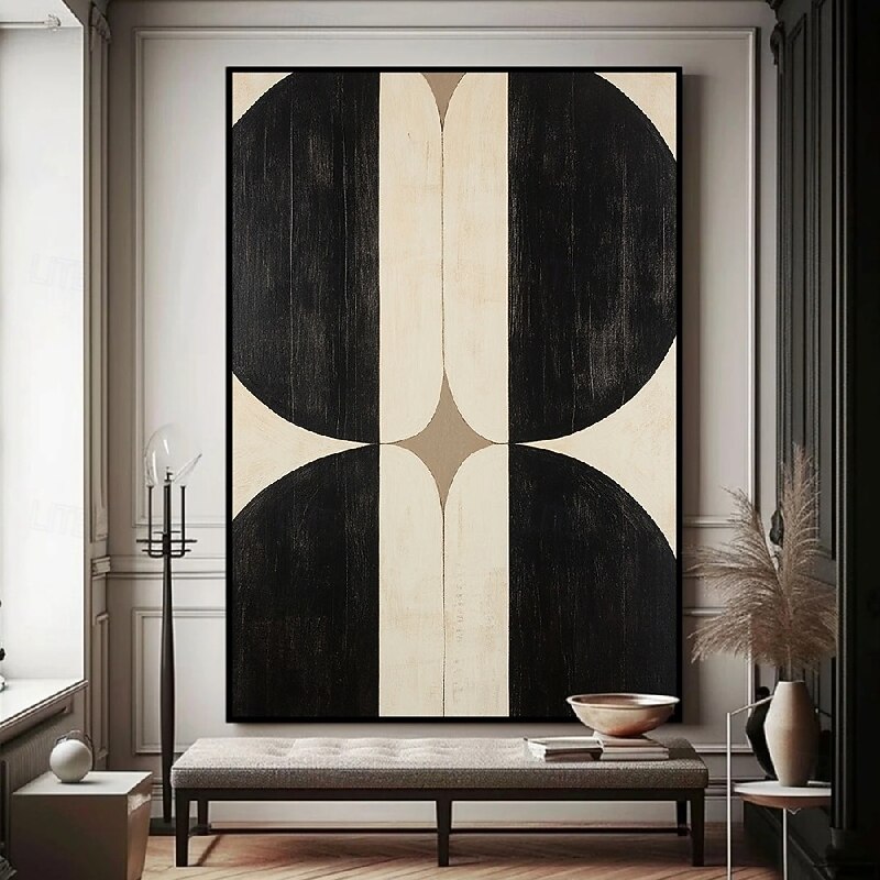 Handmade Geometric Abstract Oil Painting Symmetrical Black Semicircles Cream Beige Background Textured Impasto Brushstrokes Central Bronze Diamond Layered Paint Minimalist Art Modern Wall Decor3