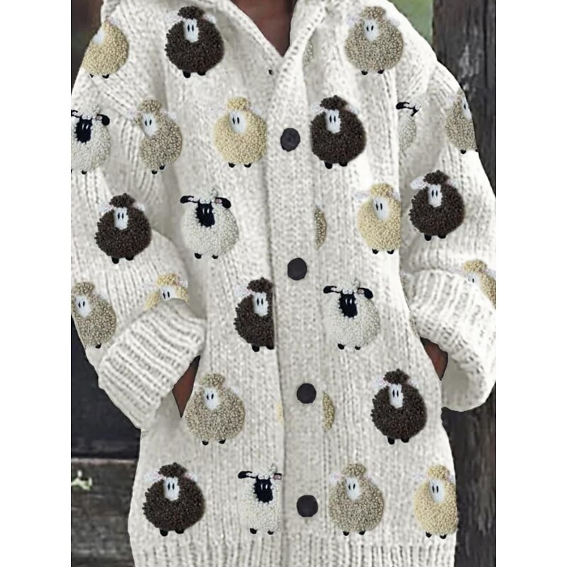 Women's Cardigan Vacation Daily Graphic Animal Ribbed Hooded Knitted Print Front Pocket Long Sleeve Regular Tops Knit Outdoor Daily Holiday Black White Fall Winter2