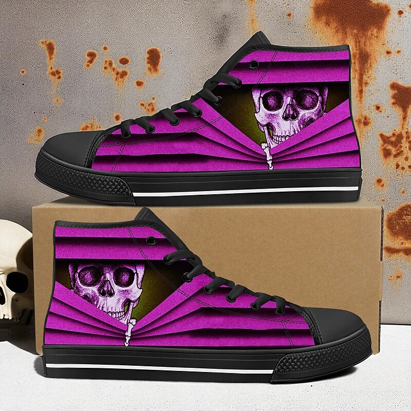 Women's Purple Striped Canvas High Top Sneakers with Skull Graphic – Gothic Halloween Fashion Shoes for Casual Wear and Costume Parties