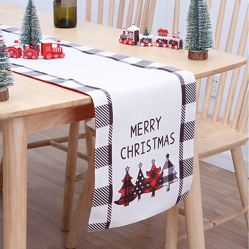 Christmas Table Runner Double Layer Cotton Linen Creative Printed Snowman Santa Placemat Festive Holiday Decoration for Dining Table Home Party Celebration