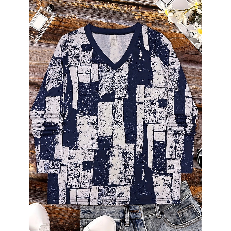 Women's T Shirt Graphic Geometric Color Block Vintage Stylish Classic Long Sleeve V Neck Regular Tops Daily Print Navy Blue Spring Fall Winter2