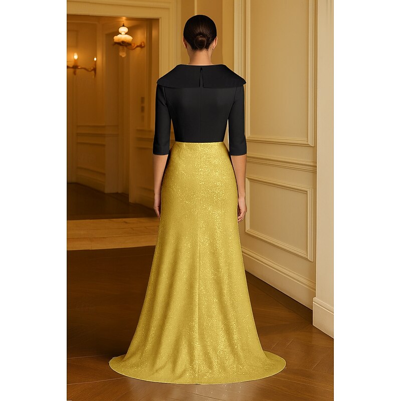 Black Gold A-Line Evening Gown Elegant Dress Formal Wedding Floor Length 3/4 Length Sleeve Lapel Pocket Sequined with Glitter 20253