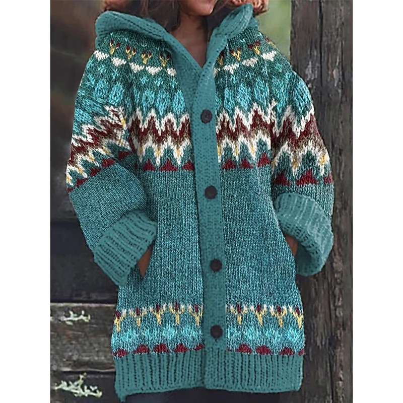 Women's Cardigan Vacation Vintage Daily Geometric Color Block Ribbed Hooded Knitted Print Front Pocket Long Sleeve Regular Tops Knit Outdoor Daily Holiday Blue Brown Fall Winter2