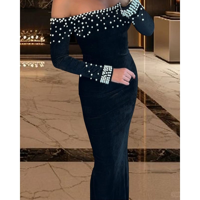Black Tie Stretch Velvet Mermaid / Trumpet Evening Gown Elegant Dress Pearls Formal Wedding Sweep / Brush Train Long Sleeve Off Shoulder 20253