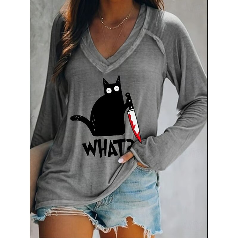 Halloween Women's T shirt Black Cat V Neck Long Sleeve Graphic Casual Letter Vintage Stylish Western Regular Tops Daily Weekend Vacation Wear Print White Pink Blue Orange Green Spring Fall Witch3