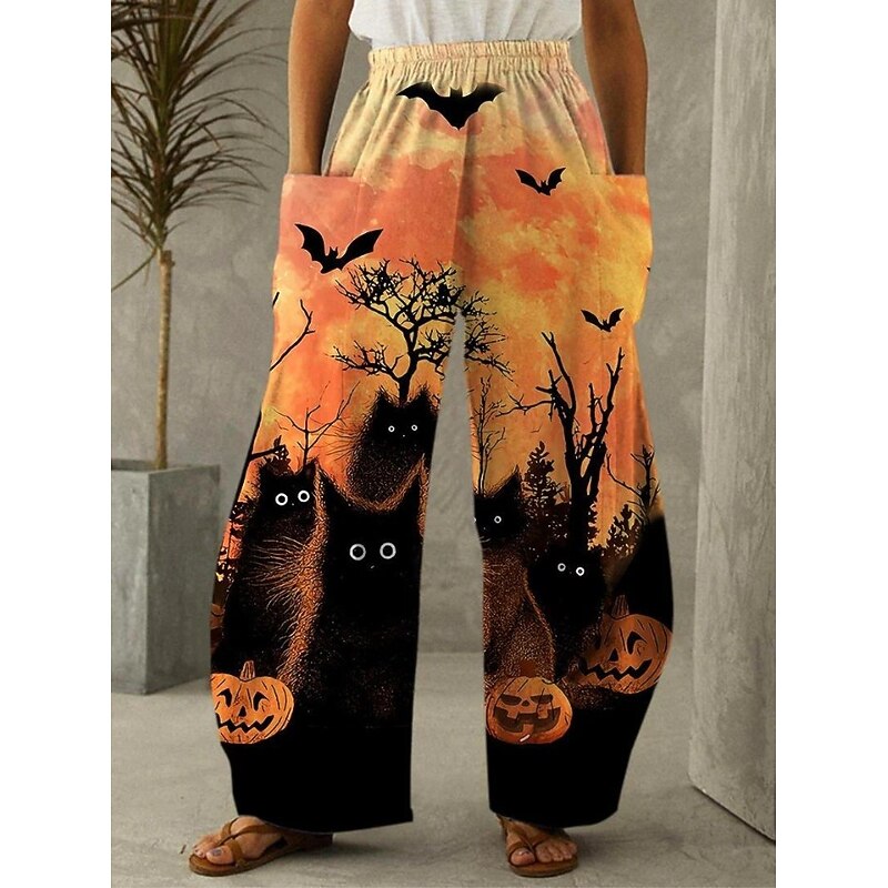 Women's Wide Leg Chinos Vintage Casual Full Length Mid WaistPantsHalloween Cat Pumpkin Halloween Elastic Waistband Comfy Inelastic Vacation Street Causal Violet Brown / Gold Black Orange Spring Fall