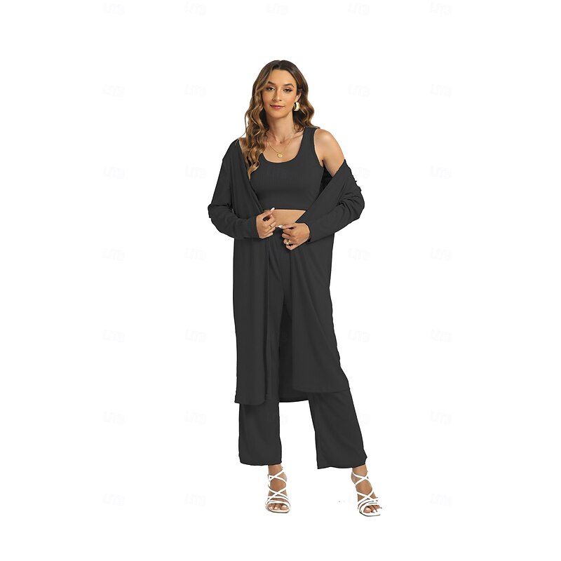 Women's Basic Three Piece Sets Long Sleeve Round Neck Plain Casual Daily Light Blue Caramel color Black Spring Loose Fit4