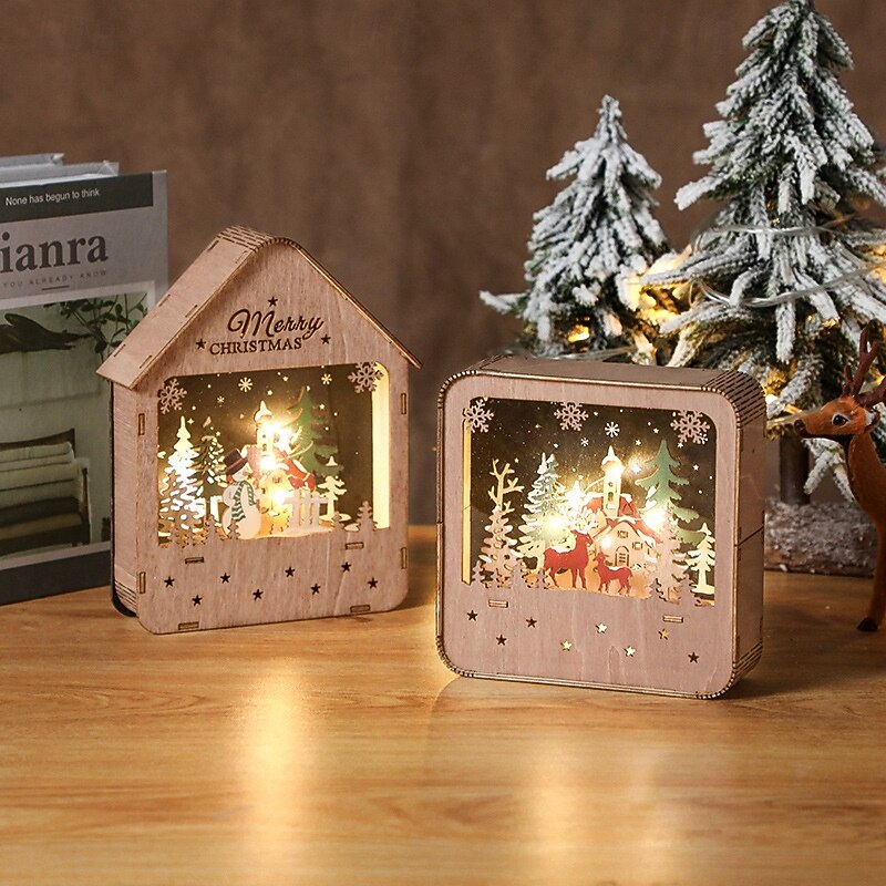 Christmas Santa Wooden Cabin, Light-Up Painted LED Night Light, Festive Desktop Ornament, Holiday Home Decor, Charming Seasonal Decoration2