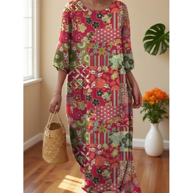 Women's Midi Dress Casual Dress Print Dress Vintage African Daily Beach Weekend Regular Fit Floral 3/4 Length Sleeve Crew Neck Pink Red Fuchsia Green Fall Autumn4