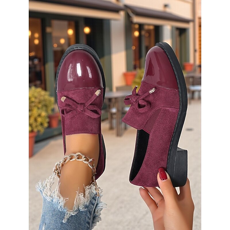 Women's Burgundy Suede and Patent Leather Loafers – Low Heel Bowknot Slip-On Shoes for Casual Outings, Workwear, and Fall Street Style3