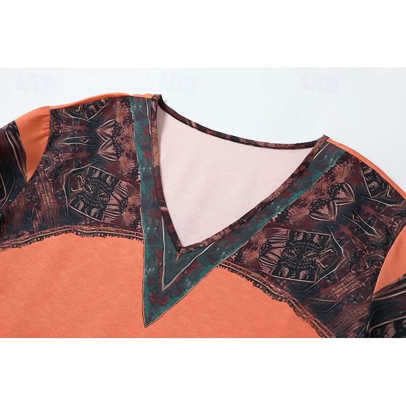 Women's Boho Shirt Blouse Flower Modern Boho Long Sleeve V Neck Regular Tops Holiday Going out Print Black Red Orange Dark Gray Apricot Summer4