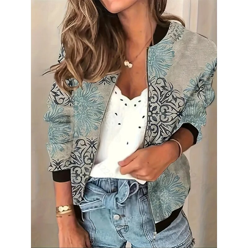 Women's Bomber Jacket Warm Quick Dry Zipper Pocket Elegant Fashion Daily Simple Floral Vacation Casual Daily Holiday Short Baseball Collar Regular Fit Long Sleeve Outerwear Black Light Green Pink Fall2