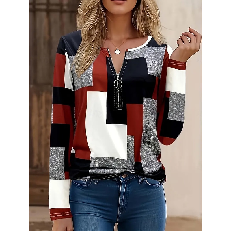 Women's T Shirt Graphic Geometric Vintage Fashion Stylish Long Sleeve Crew Neck Regular Tops Daily Zipper Print Red Blue Purple Green Gray Spring Fall Winter