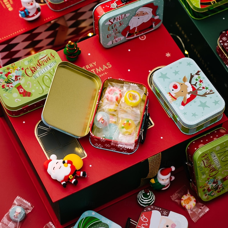 Christmas Cookie Tins with Lids for Gift Giving Xmas Tin Containers Briefcase Style Metal Box Cartoon Santa Snowman Reindeer Design Holiday Storage Festive Decoration Accessory2