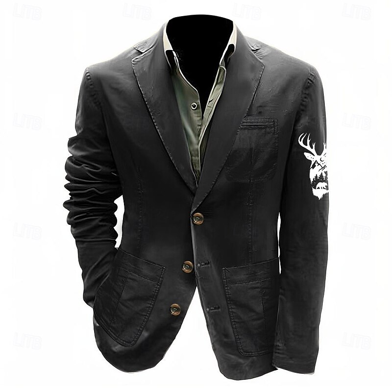 Men's Reindeer Print Blazer Cotton Suit Jacket Suits Coat Casual Outdoor Dailywear Casual Multiple Pockets Three Button Stripe Lined Suit Jacket Fall Winter Notch lapel collar Long Sleeve Black khaki2