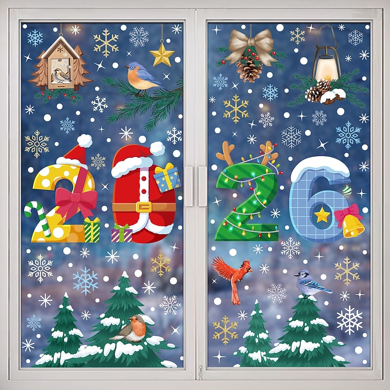 5 Sheets 2026 Christmas Window Cling Wall Sticker Decals Decorations, Colorful Creative Candy Canes & Bells, Merry Christmas, Static Cling, Holiday Home & Store Decor