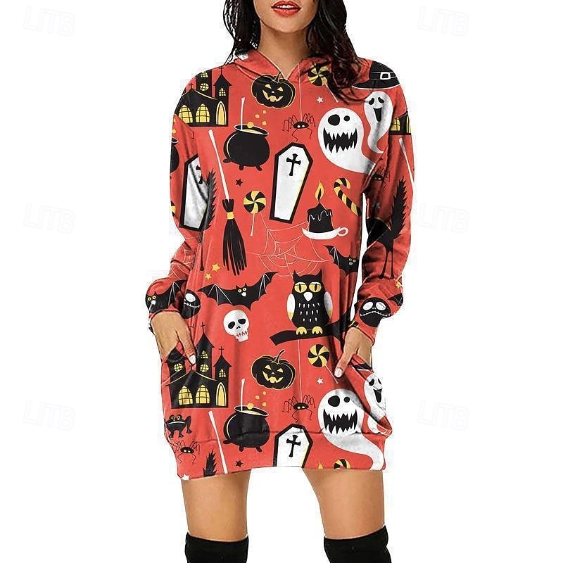 Women's Mini Dress Hoodie Dress Casual Dress Fashion Modern Halloween Daily Weekend Regular Fit Pumpkin Long Sleeve Hooded Black White Yellow Red Spring Fall4