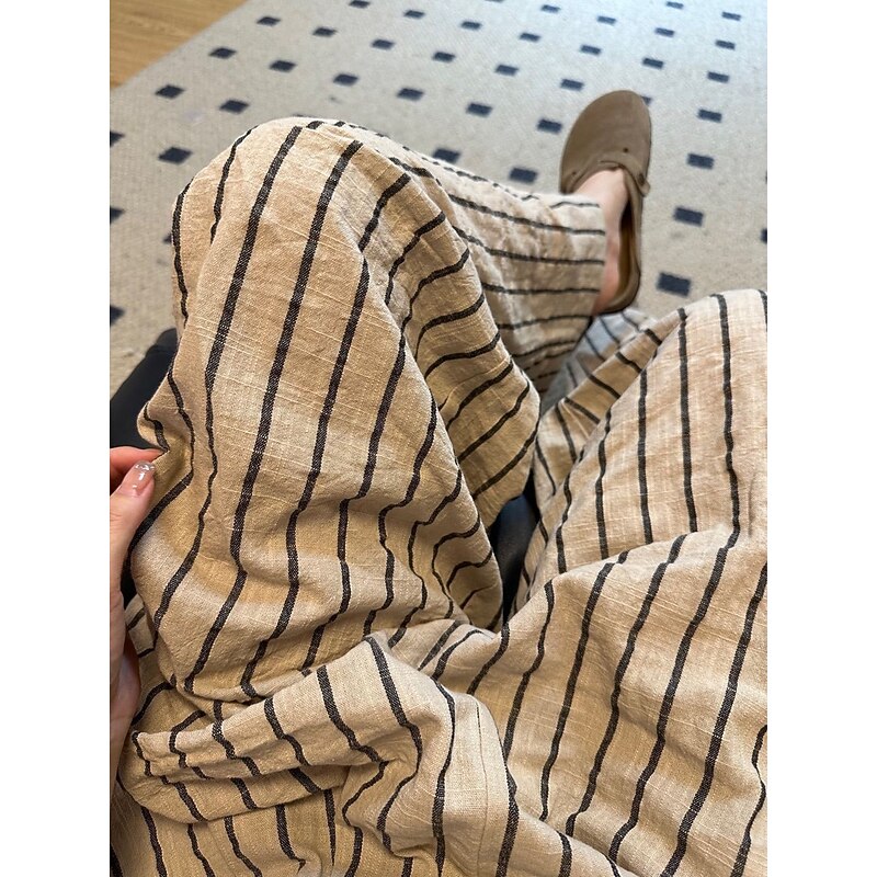 Women's Linen Blend Culottes Wide Leg Vacation Vintage Ethnic Style Full Length Mid Waist Striped Stripe Comfortable Breathable Inelastic Vacation Home Daily Beige Grey Summer Spring Fall Loose Fit3