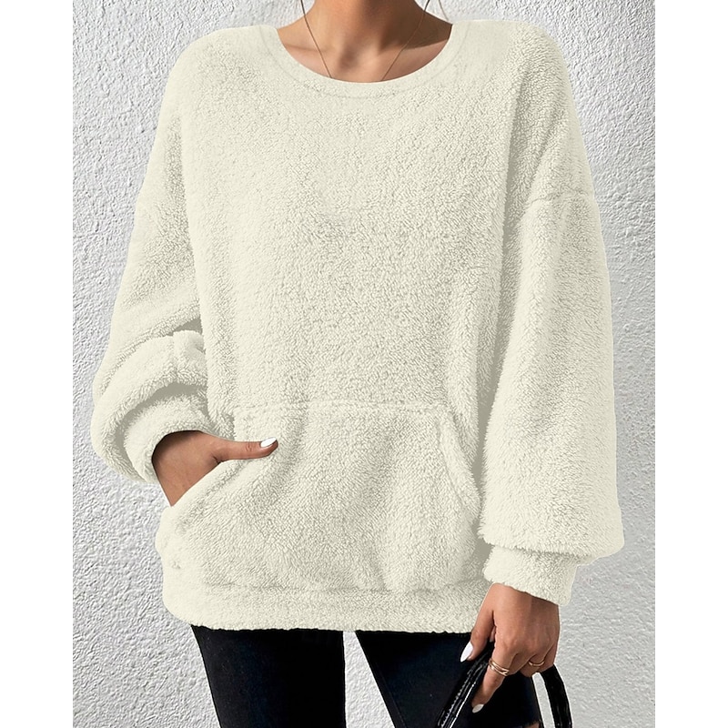 Women's Hoodies Plain Streetwear Casual Long Sleeve Crew Neck Regular Tops Street Holiday Pocket White Fall Winter2