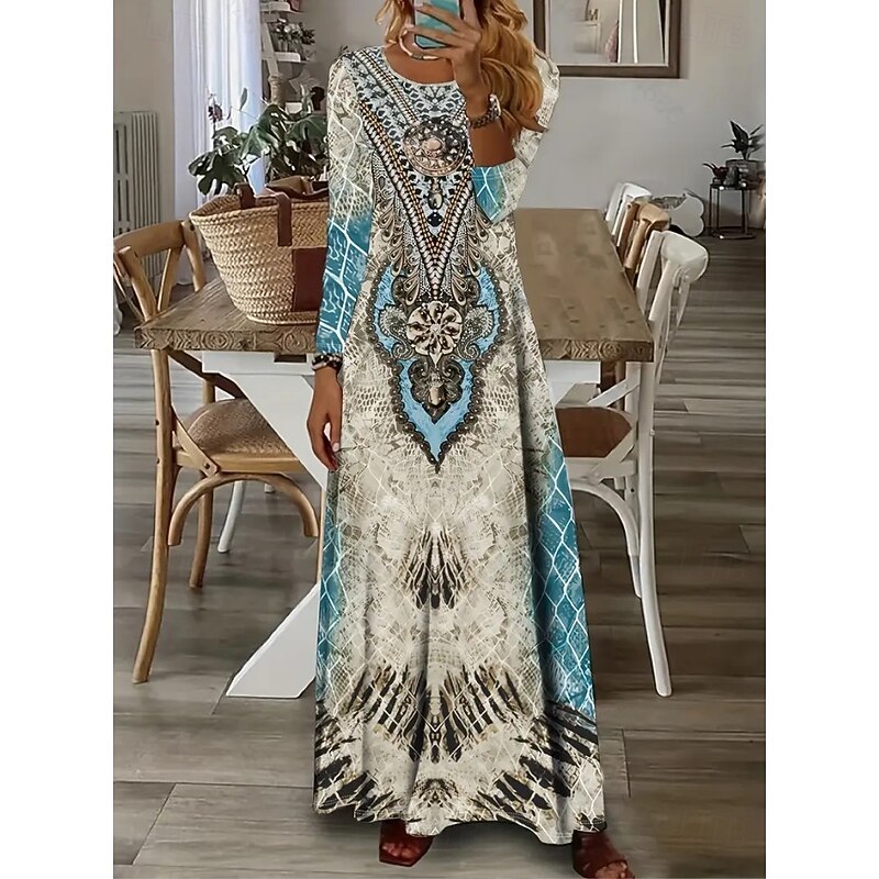 Women's Maxi Dress A Line Dress Summer Dress Vacation Casual Beach Daily Regular Fit Graphic Geometric Paisley Long Sleeve Crew Neck Deep Green Gray Pink Black Pink Summer Spring Fall Winter