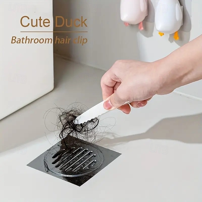 2pcs Cartoon Duck Hair Catcher – Reusable Plastic Sink Strainer with Clip and Adhesive for Kitchen, Bathroom, Patio, and Toilet Drain Hair Removal4