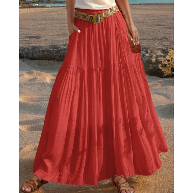 Women's Asian Size Swing Linen Skirts Casual Summer Midi High Waist Skirts Solid Colored Ruched Pleated Pocket Micro-elastic Vacation Daily Apple Green Red Royal Blue Dark Green Spring, Fall, Winter3