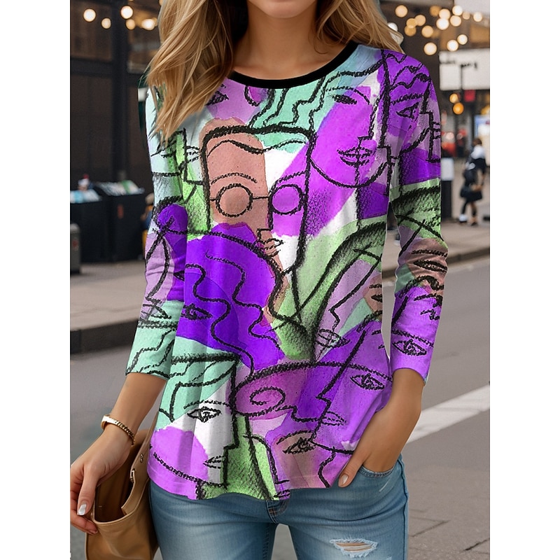 Women's T Shirt Graphic Abstract Vintage Stylish Casual Long Sleeve Crew Neck Regular Tops Daily Print Yellow Red Purple Green Spring Fall3