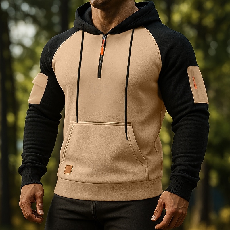 Men's Hoodie Quarter Zip Hoodie Tactical Hoodie Black Navy Blue Khaki Light Grey Dark Gray Hooded Plain Patchwork Color Block Multi Pocket Sports & Outdoor Casual Daily Streetwear Cool Sportswear
