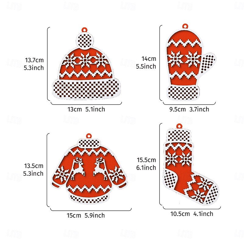 4PCS Christmas Wooden Ornaments Hanging Ornaments Set with Santa Hat, Clothes, Socks and Gloves Designs, Holiday Decor for Christmas Tree, Window Display, Backpacks and Gift Giving3