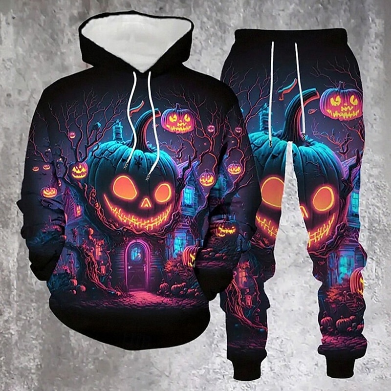 Halloween Men's Pumpkin Smile 2pcs 3D Sweatshirt Sets Tracksuit Hoodie Sweatshirt Long Sleeve Long pants Hooded Casual Daily Athleisure 3D Print Spring Fall Winter Violet