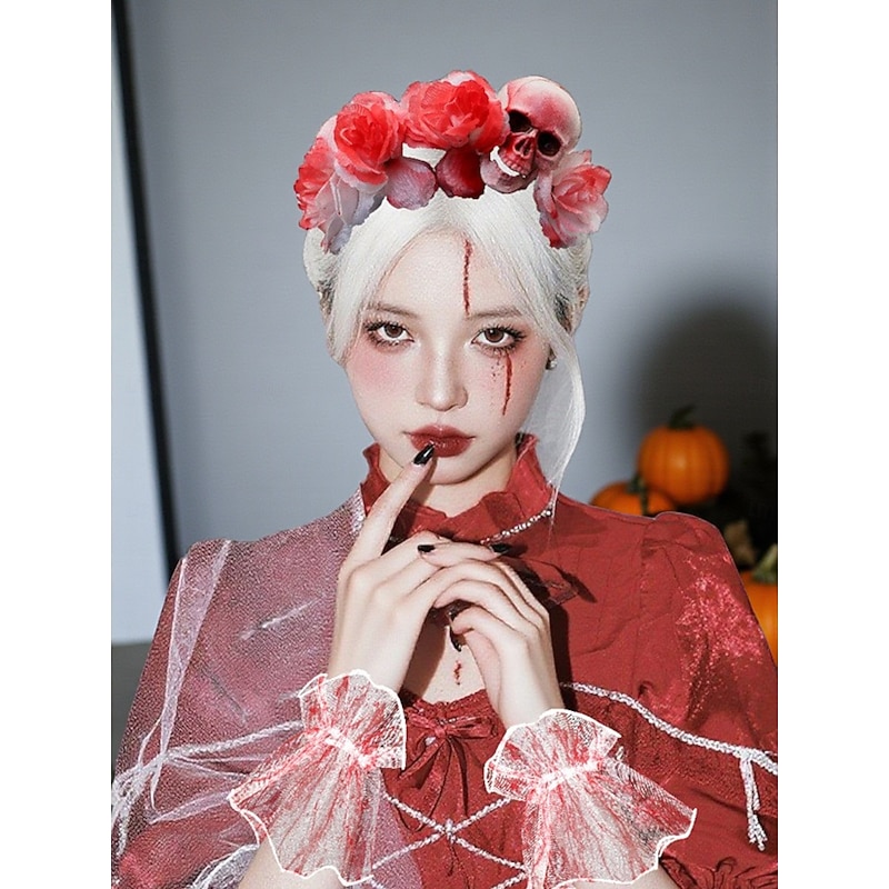 Women's Halloween Bloody Bride Costume Accessories Set - Skull and Rose Headband, Bloody Lace Wrist Cuffs and Horror Veil Props for Zombie, Vampire and Scary Party Outfits2