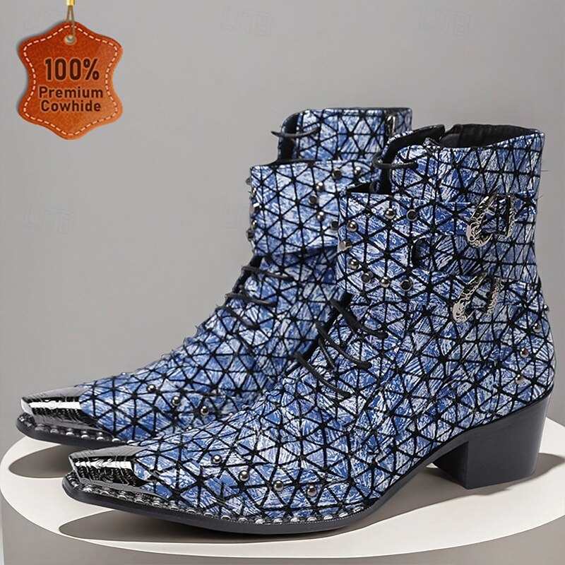 Men's Blue Geometric Print Ankle Boots – Fashion Statement Cowboy Boots for Concerts, Streetwear and Nightlife Parties