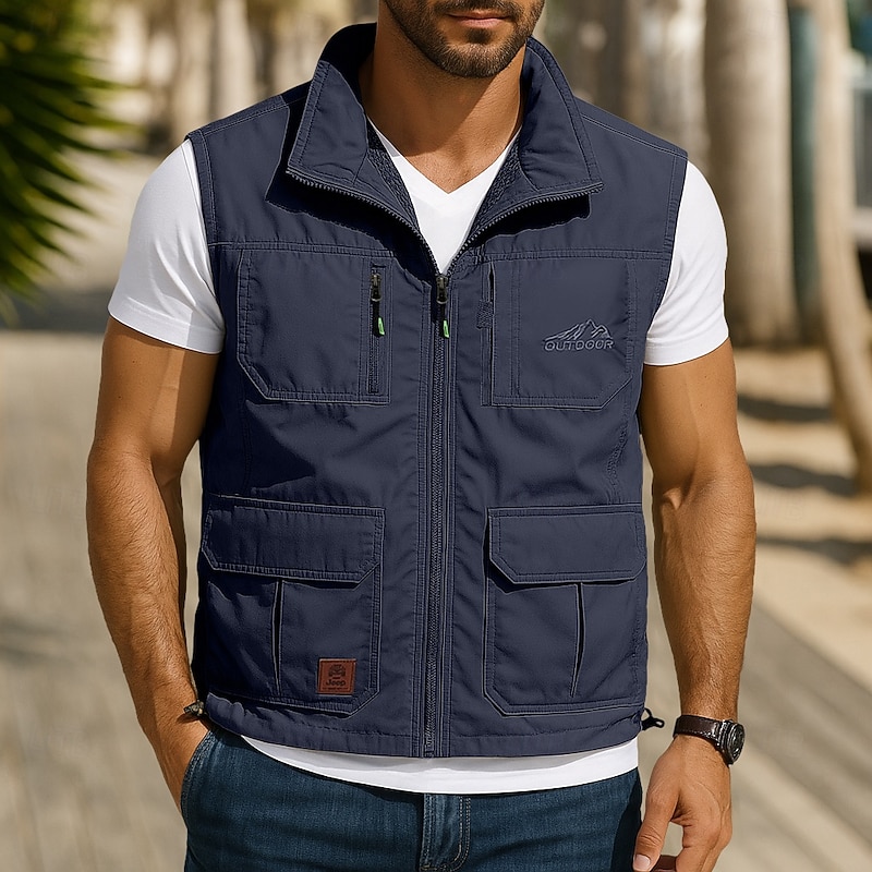 Men's Outdoor Vest Tactical Jacket Fishing Vest Outdoor Sports Outdoor Casual Fishing Active Summer Spring Multi Pocket Multi Layer Polyester Tactical Zipper Collar Regular Fit Black Navy Blue Khaki4
