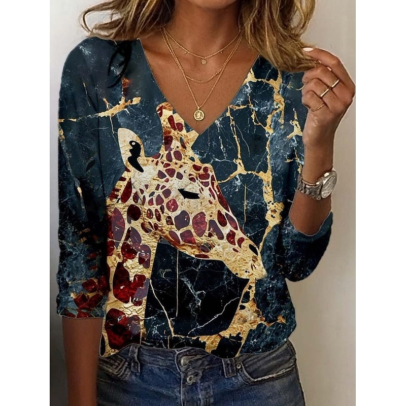 Women's Tunic T Shirt Leopard Color Block Giraffe Vintage Stylish Casual Long Sleeve V Neck Regular Tops Daily Sports Weekend Print Yellow Blue Purple Green Fall