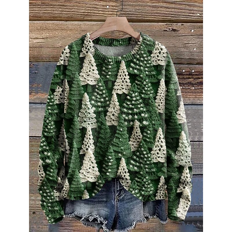 Women's Sweater Casual Soft Floral Graphic Ribbed Crew Neck Knitted Long Sleeve Regular Tops Knit Outdoor Daily Weekend White Green Fall Winter2