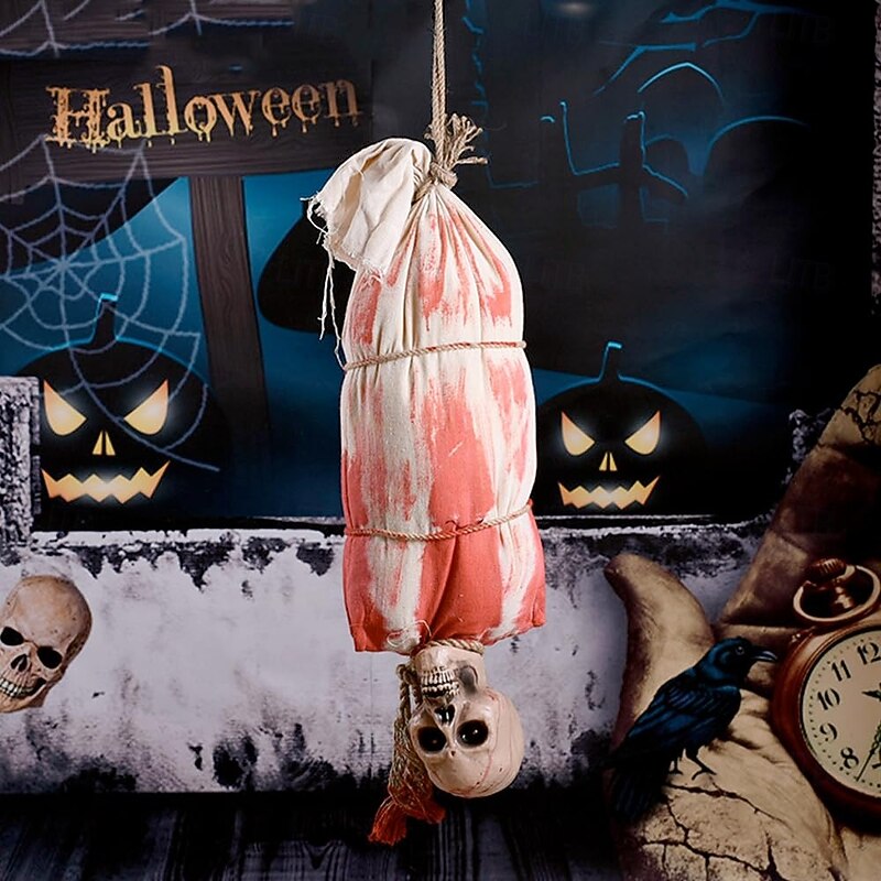 Scary Halloween Decorations Hanging Cocoon Corpse Animated Bloody Skull Corpse with Glowing Eyes & Spooky Sound for Haunted House Party Props Halloween Indoor Outdoor Decor2