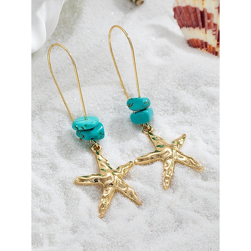 Women's Gold Starfish Dangle Earrings – Turquoise Stone Boho Beach Jewelry for Summer Vacations, Ocean-Themed Parties and Resort Wear2