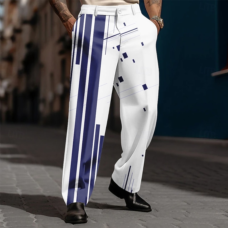 Men's Geometric Striped Dress Pants Trousers Suit Pants Mid Waist Casual Dailywear Holiday Streetwear Relaxed Fit Flat Front Dress Pants with Side Pockets Spring Fall 3D Print Black Blue Purple3