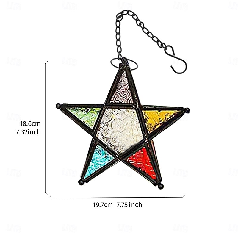 Vintage Iron & Colored Glass Star Candle Holder – Moroccan Style Hanging Lantern for Home, Bar, Restaurant Decor & Gift2